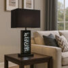 28 Inch Nickel Table Lamp, Black Fabric Shade, Glass Panel and LED Accents