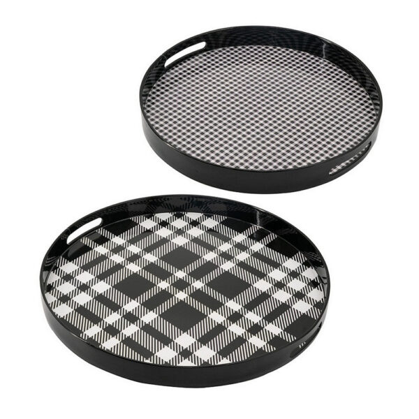 2 Piece Round Decorative Tray, Plastic Frame, Black and White Plaid Print