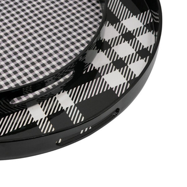 2 Piece Round Decorative Tray, Plastic Frame, Black and White Plaid Print