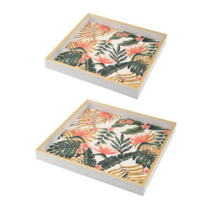 Set of 2 Decorative Trays, Crisp White MDF, Floral Printed PVC, Pink, Green