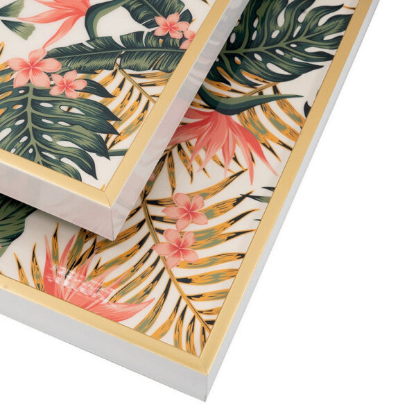 Set of 2 Decorative Trays, Crisp White MDF, Floral Printed PVC, Pink, Green