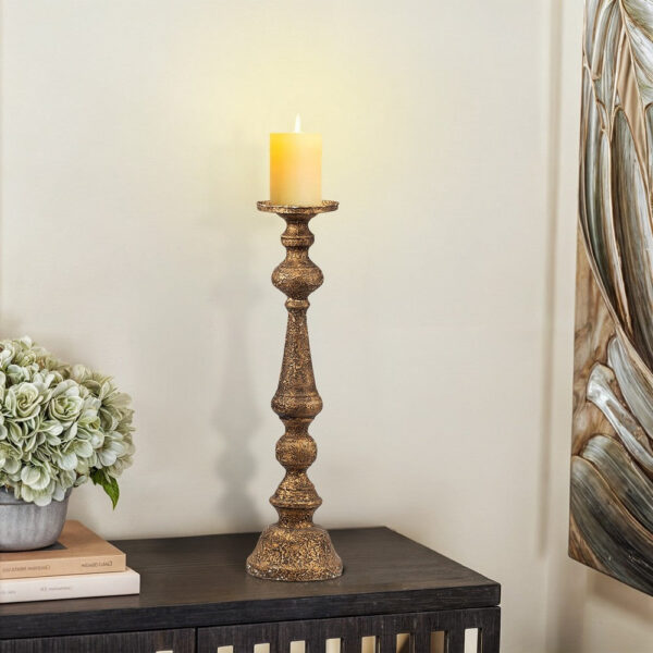 Mia 24 Inch Pillar Candle Holder, Antique Brass Metal, Turned Pedestal