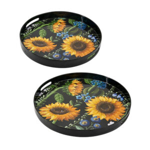 2 Piece Modern Decorative Trays, Round Plastic Frame, Sunflower Motifs