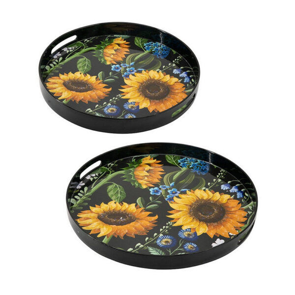 2 Piece Modern Decorative Trays, Round Plastic Frame, Sunflower Motifs