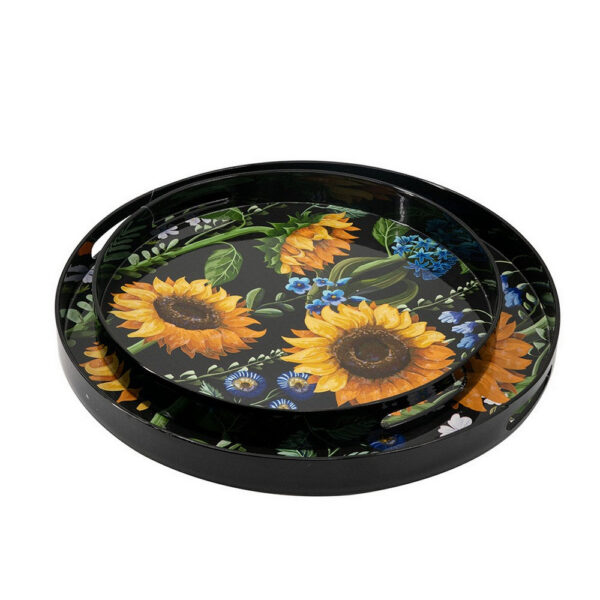 2 Piece Modern Decorative Trays, Round Plastic Frame, Sunflower Motifs