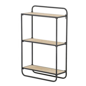 32 Inch Shelving Unit, Black Curved Iron Frame, Three Fir Wood Shelves