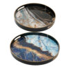 Set of 2 Round Decorative Trays, Tall Rims, Faux Marble, Blue, Gold