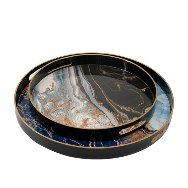 Set of 2 Round Decorative Trays, Tall Rims, Faux Marble, Blue, Gold