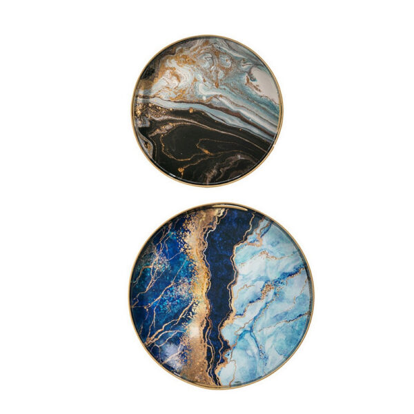 Set of 2 Round Decorative Trays, Tall Rims, Faux Marble, Blue, Gold