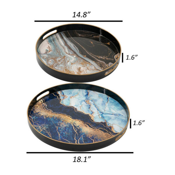 Set of 2 Round Decorative Trays, Tall Rims, Faux Marble, Blue, Gold