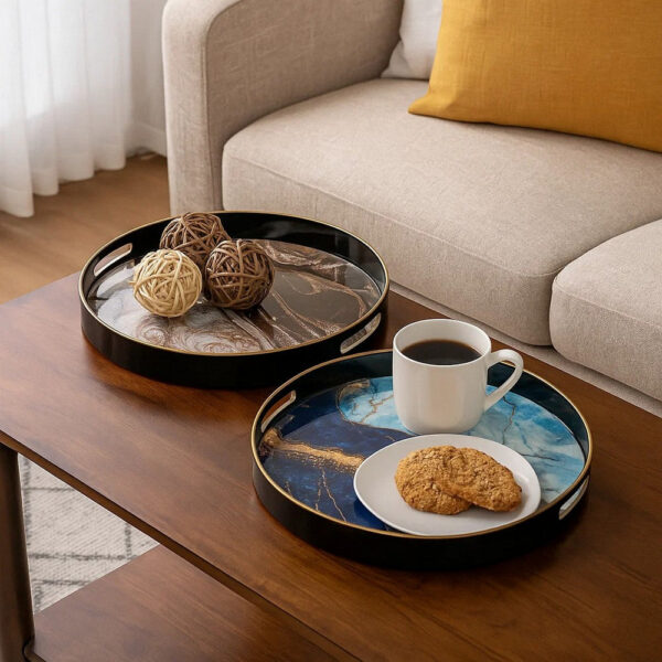 Set of 2 Round Decorative Trays, Tall Rims, Faux Marble, Blue, Gold