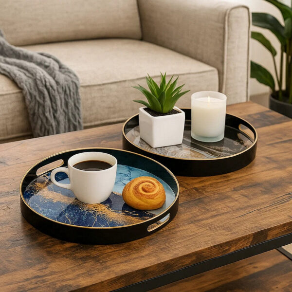 Set of 2 Round Decorative Trays, Tall Rims, Faux Marble, Blue, Gold