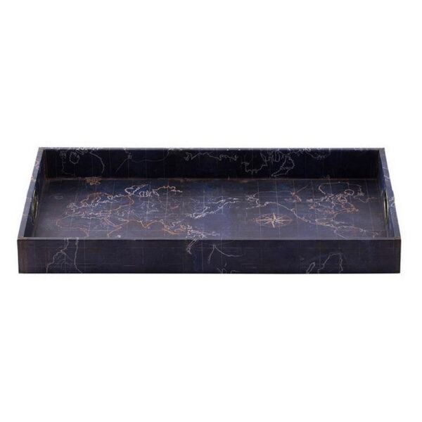 25 Inch Set of 2 Rectangular Decorative Trays, Gold Map Design, Deep Blue