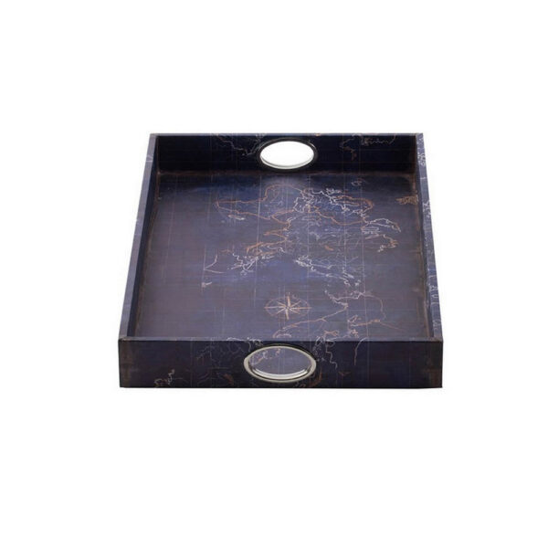 25 Inch Set of 2 Rectangular Decorative Trays, Gold Map Design, Deep Blue