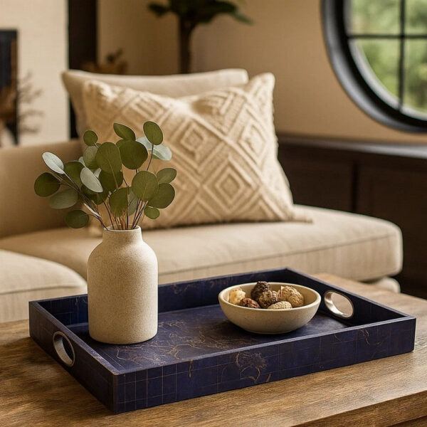 25 Inch Set of 2 Rectangular Decorative Trays, Gold Map Design, Deep Blue