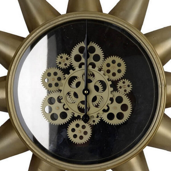 28 Inch Round Wall Clock, Sun Shaped Frame, Rich Brown, Bold Jet Black