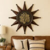 28 Inch Round Wall Clock, Sun Shaped Frame, Rich Brown, Bold Jet Black