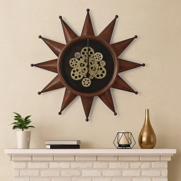 28 Inch Round Wall Clock, Sun Shaped Frame, Rich Brown, Bold Jet Black