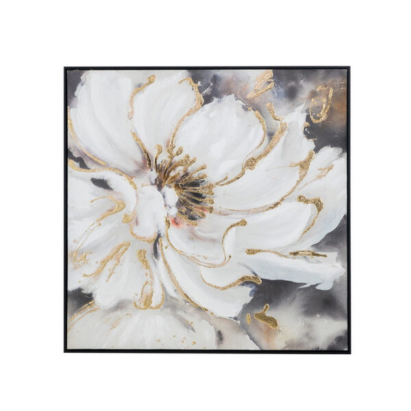 36 x 36 Inch Framed Wall Art, Floral Oil Painting On Canvas, White Gold