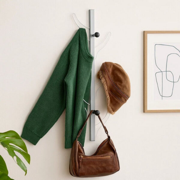 34 Inch Wall Mounted Coat and Hat Rack with 8 Hooks, Silver Metal Frame