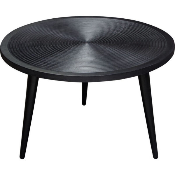 Vio 29 Inch Round Coffee Table, Embossed Surface Patterning, Black Wood