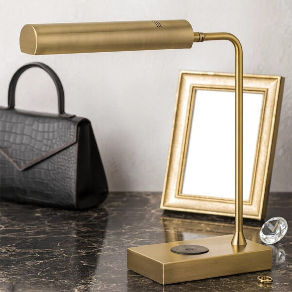 Dyna 18 Inch Integrated LED Desk Lamp, Wireless USB Port, Antique Brass