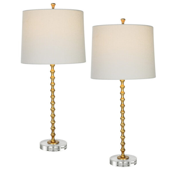 29 Inch Table Lamp, Set of 2, White Tapered Shade, Gold Leaf, Round Base