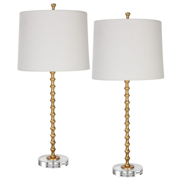 29 Inch Table Lamp, Set of 2, White Tapered Shade, Gold Leaf, Round Base