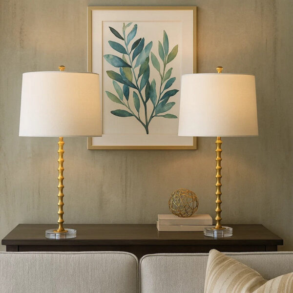 29 Inch Table Lamp, Set of 2, White Tapered Shade, Gold Leaf, Round Base