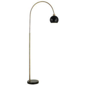 72 Inch Arc Floor Lamp, Black Metal Shade, Marble Foot, Antique Brass