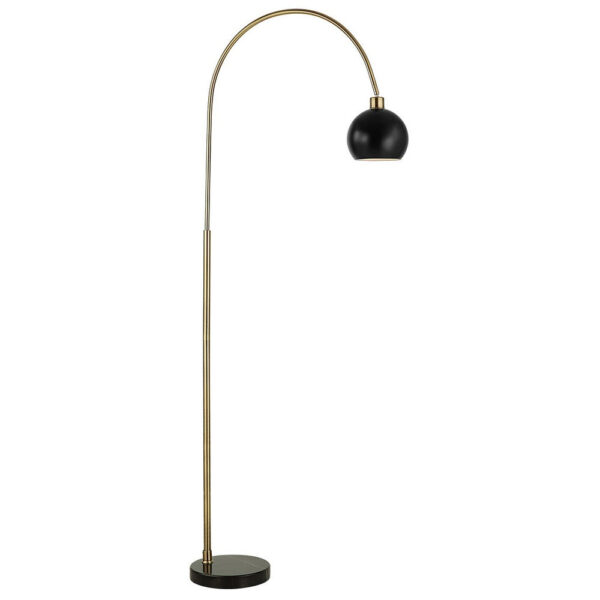 72 Inch Arc Floor Lamp, Black Metal Shade, Marble Foot, Antique Brass