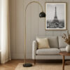 72 Inch Arc Floor Lamp, Black Metal Shade, Marble Foot, Antique Brass
