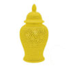 Deni 25 Inch Ginger Jar, Carved Cutout Lattice, Removable Lid, Yellow