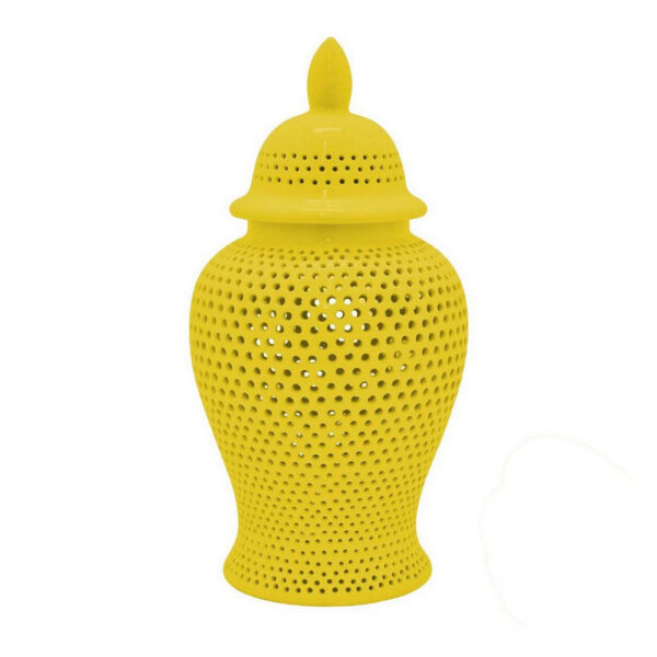 Deni 25 Inch Ginger Jar, Carved Cutout Lattice, Removable Lid, Yellow