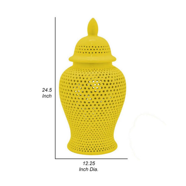 Deni 25 Inch Ginger Jar, Carved Cutout Lattice, Removable Lid, Yellow
