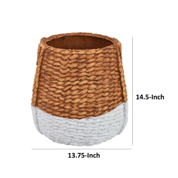 Reno 15 Inch Planter, Rope Woven Design, White and Brown Finished Resin
