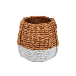 Reno 12 Inch Planter, Rope Woven Design, White and Brown Finished Resin
