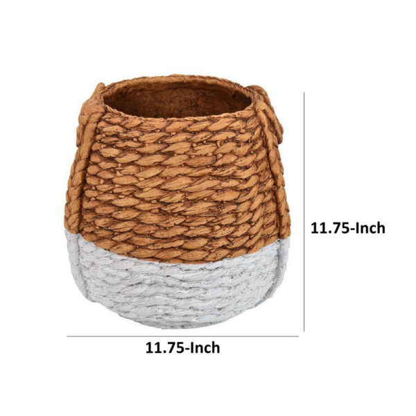 Reno 12 Inch Planter, Rope Woven Design, White and Brown Finished Resin