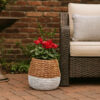 Reno 12 Inch Planter, Rope Woven Design, White and Brown Finished Resin