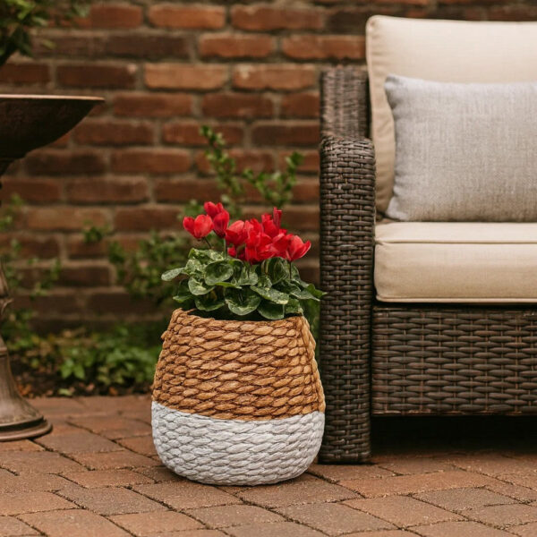 Reno 12 Inch Planter, Rope Woven Design, White and Brown Finished Resin