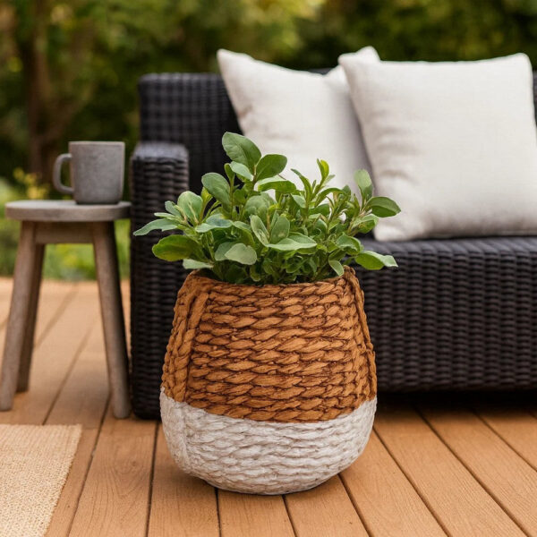 Reno 12 Inch Planter, Rope Woven Design, White and Brown Finished Resin