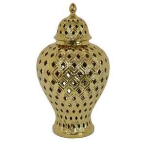 Deni 18 Inch Temple Jar, Pierced, Carved Lattice Design, Lid, Gold
