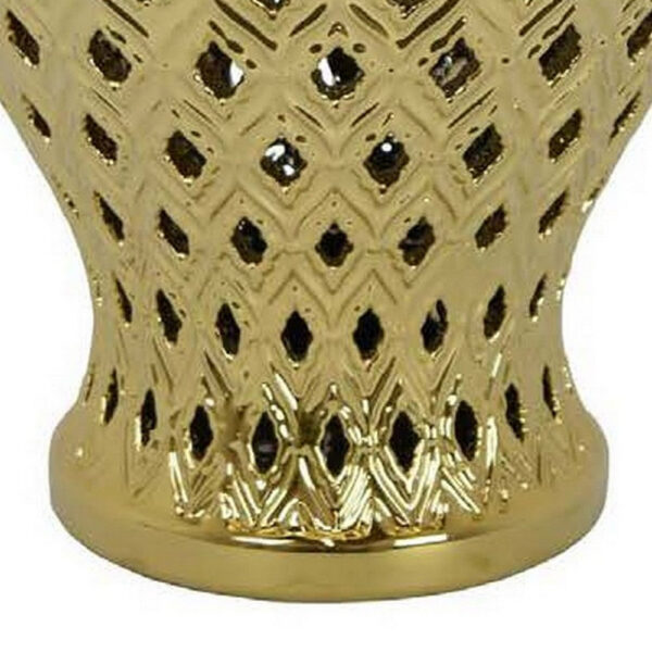Deni 18 Inch Temple Jar, Pierced, Carved Lattice Design, Lid, Gold