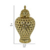 Deni 18 Inch Temple Jar, Pierced, Carved Lattice Design, Lid, Gold