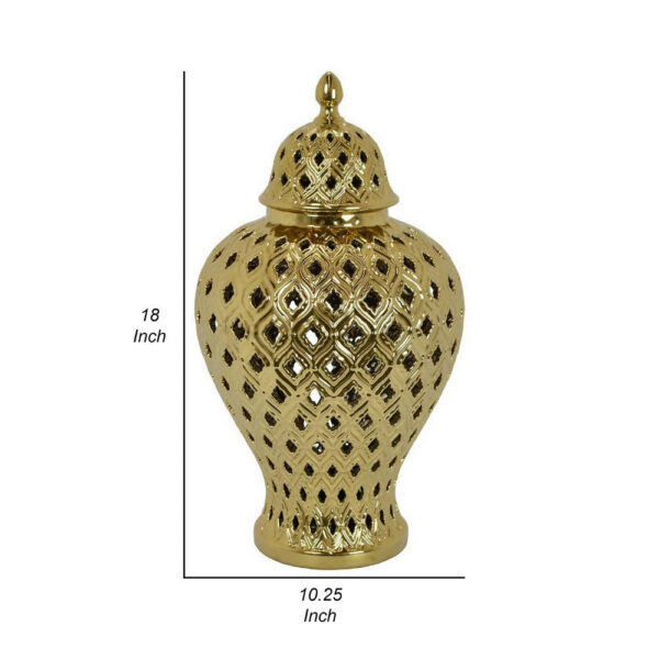 Deni 18 Inch Temple Jar, Pierced, Carved Lattice Design, Lid, Gold