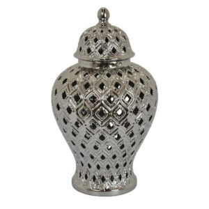 Deni 18 Inch Temple Jar, Pierced, Carved Lattice Design, Lid, Silver