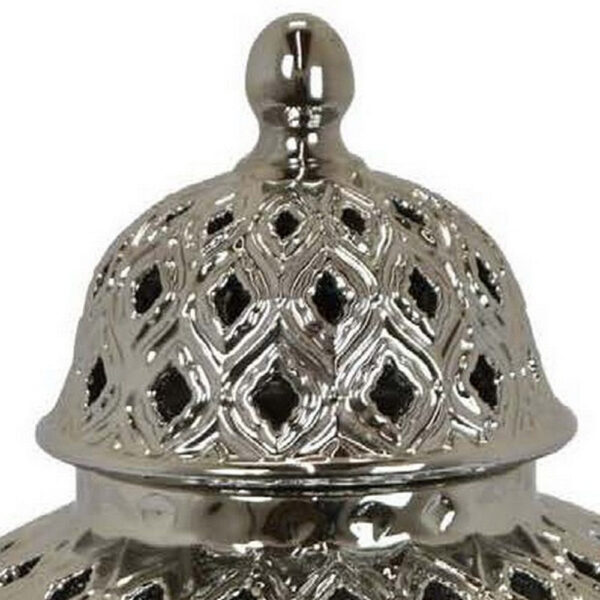 Deni 18 Inch Temple Jar, Pierced, Carved Lattice Design, Lid, Silver