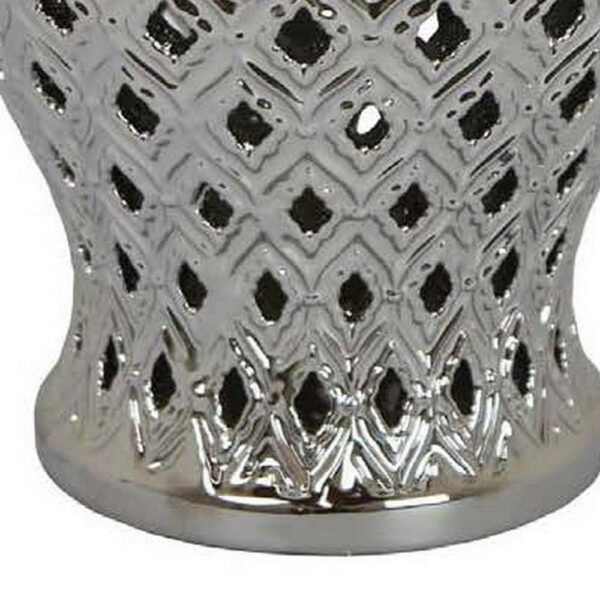 Deni 18 Inch Temple Jar, Pierced, Carved Lattice Design, Lid, Silver