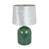 27 Inch Table Lamp, Drum Shade, Round Drop Shaped Glass Body, Green Finish