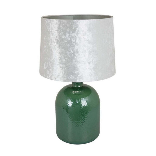 27 Inch Table Lamp, Drum Shade, Round Drop Shaped Glass Body, Green Finish
